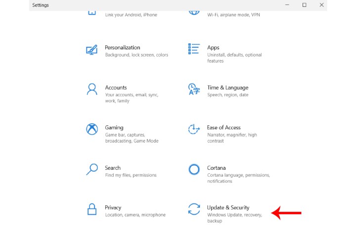 The Update and Security option in Windows 10.