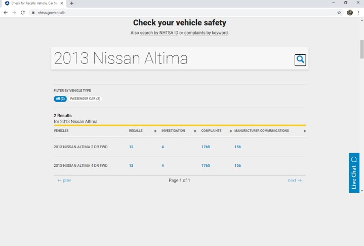 NHTSA screen shot