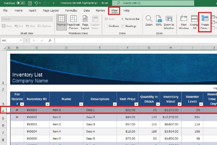 An Excel screenshot showing which row to select and the View tab menu for freezing rows.