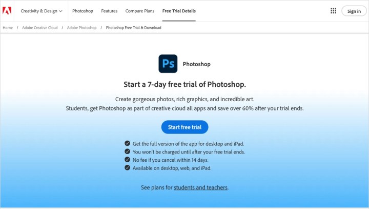 Adobe Photoshop free trial options.