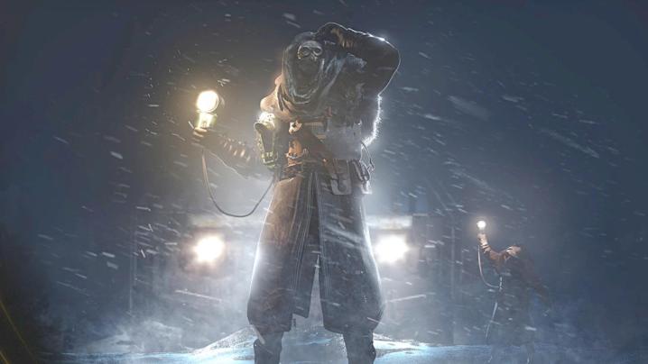 An explorer stands in a snow storm in Frostpunk 2.