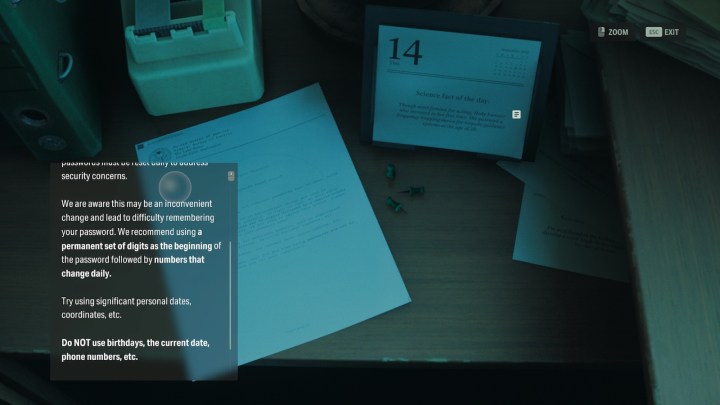 Inspecting a computer password document in Alan Wake 2 The Lake House.