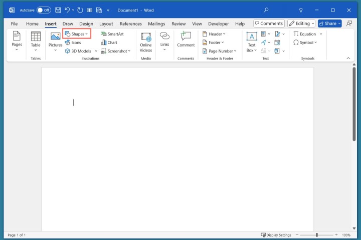 Shapes on the Insert tab in Word.