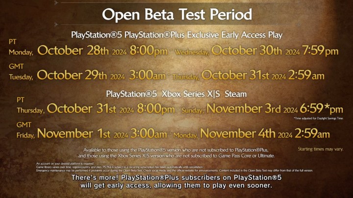 Alt text: A screenshot showing the beta times for Monster Hunter Wilds on different platforms.