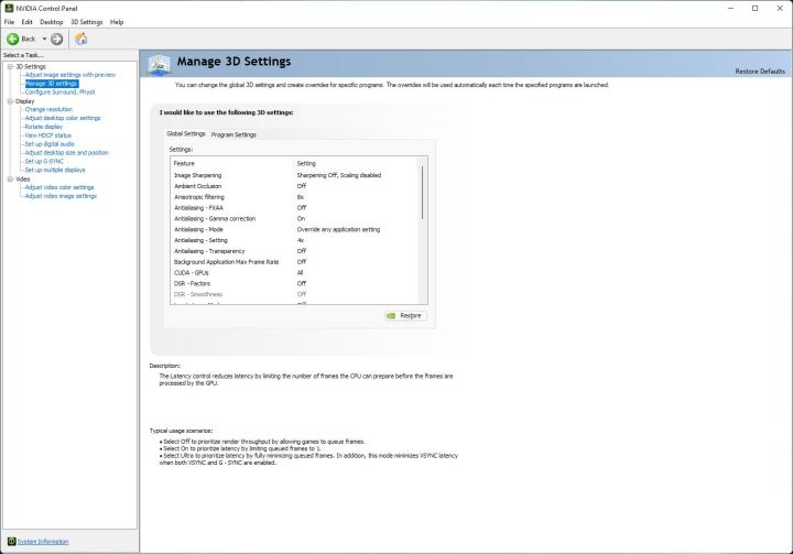 Global settings in the Nvidia Control Panel.