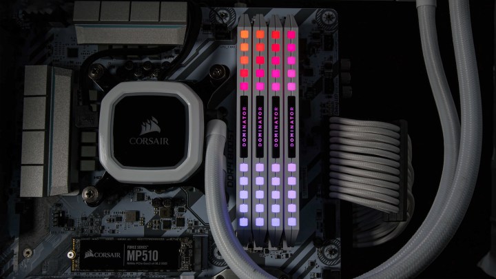 alt=Corsair DDR5 RAM modules installed in a desktop computer.