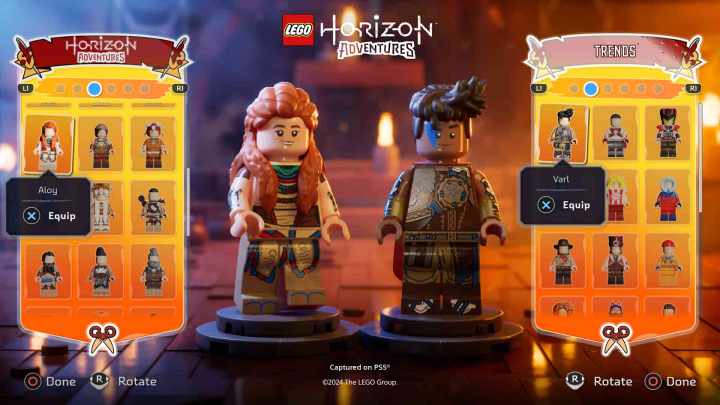 Aloy and Varl choosing their outfits in Lego Horizon Adventures.