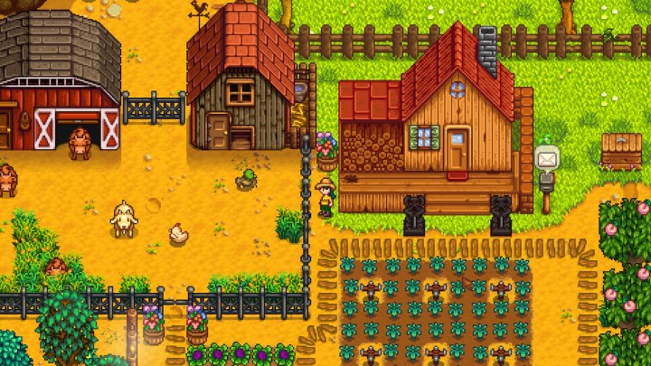 Stardew Valley player overseeing their farm. 