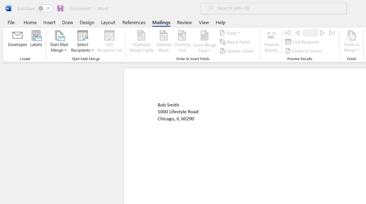 A screenshot of a Word document with a recipient's address typed in. Alt: Typing a recipient's address into a Word document for label printing.