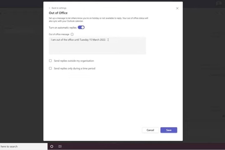 Setting Out of Office in Microsoft Teams