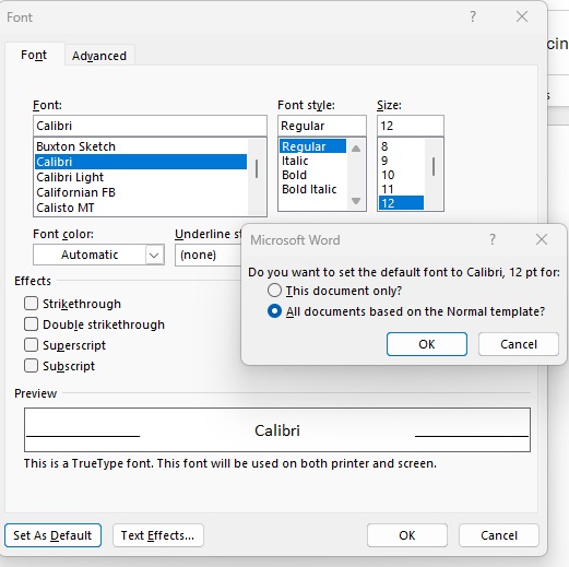 alt text: Screenshot of the Font section in Microsoft Word's Home ribbon, highlighting the font selection dropdown menus for both body text and headings.