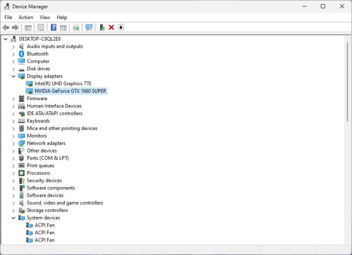 A screenshot of the device manager on Windows 11 showing display adapters.