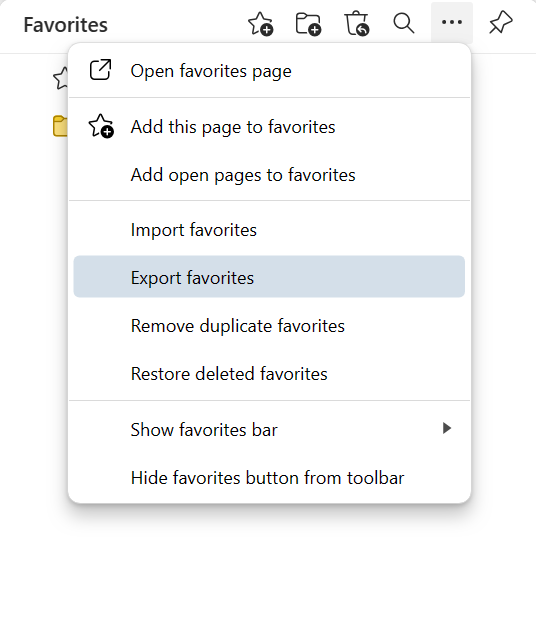 alt text: Exporting favorites from Microsoft Edge.