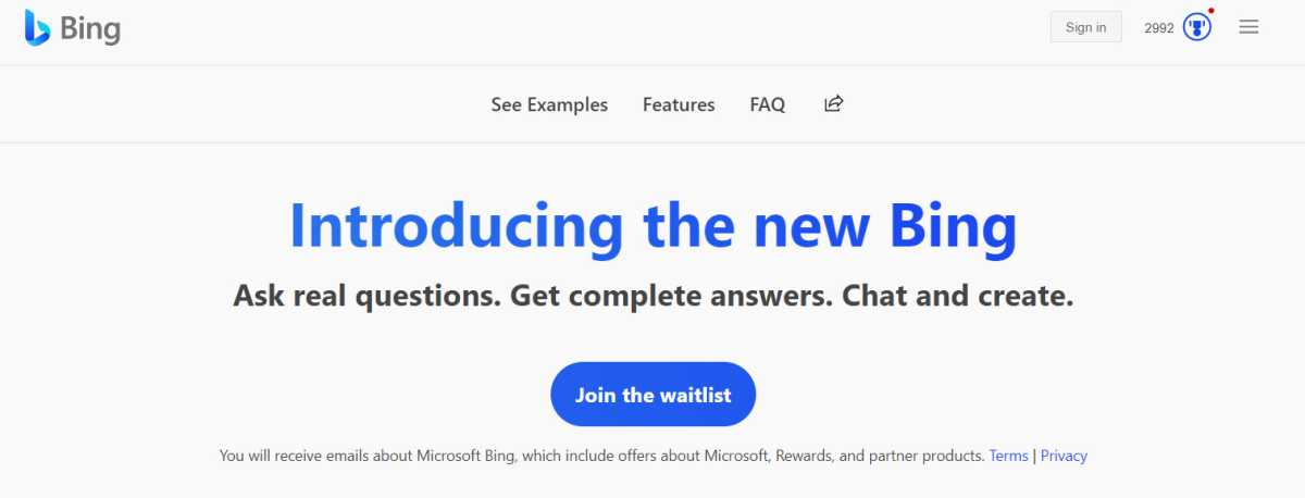 alt: A screenshot of the Bing homepage inviting users to join the waitlist for the new AI-powered Bing.