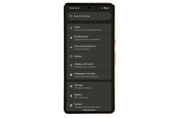 Settings app in Android 16