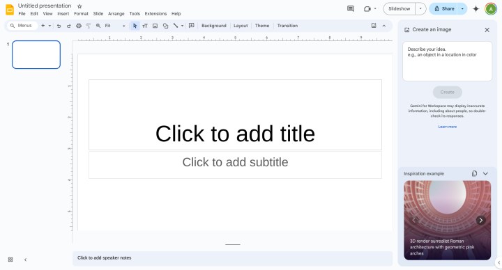 A new Google Slides document with the Gemini sidebar open