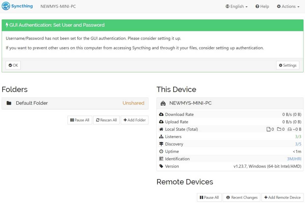 SyncThing initial setup screen