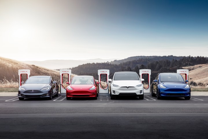 The Tesla range of vehicles connected to four supercharging stations. 