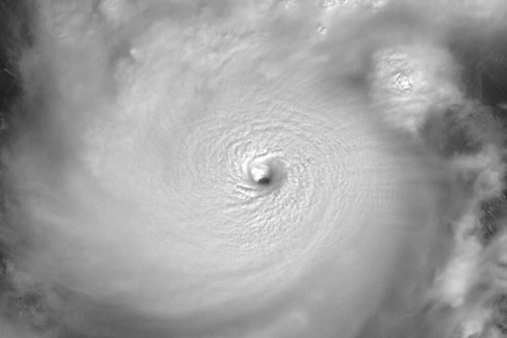 A satellite image of Hurricane Milton’s well-defined eye, as seen by the GOES-19 satellite.