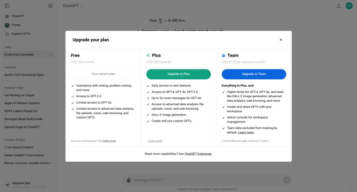 The ChatGPT upgrade screen