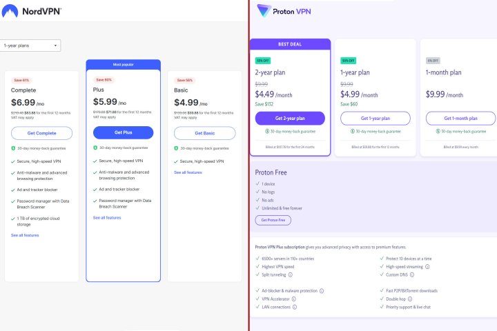 NordVPN and Proton VPN pricing appears in a split-screen.