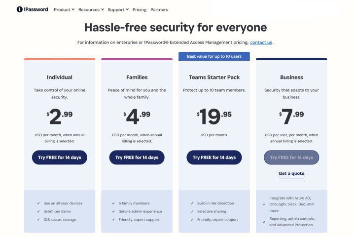 alt="1Password's pricing plans offer various options for individuals, families, and businesses."