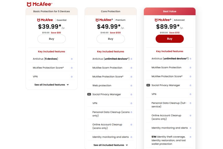 McAfee's pricing tiers and family plan options.