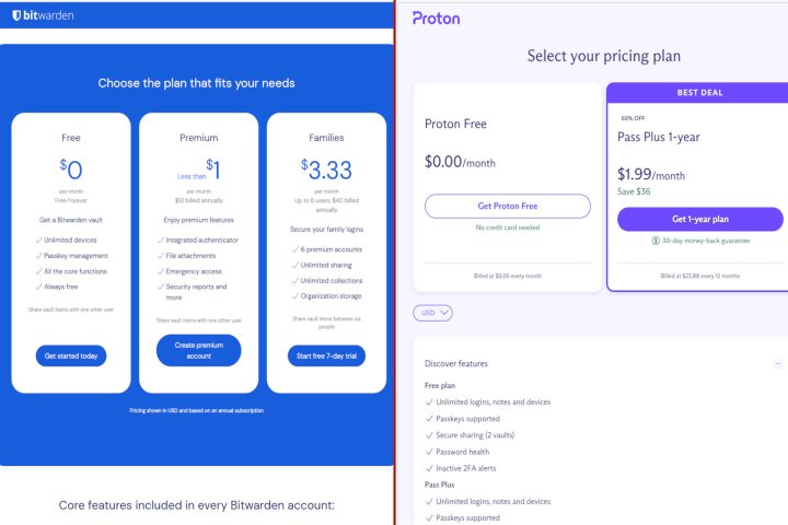 Bitwarden and Proton Pass pricing in a split-screen comparison.