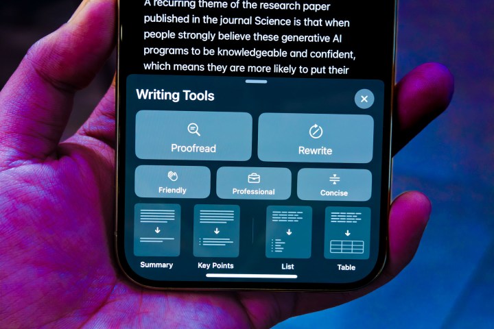 Writing Tools on iPhone 15 Pro.