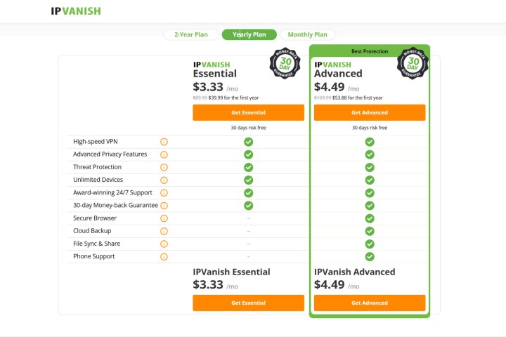 Alt text: IPVanish offers straightforward pricing with two tiers and three subscription lengths.