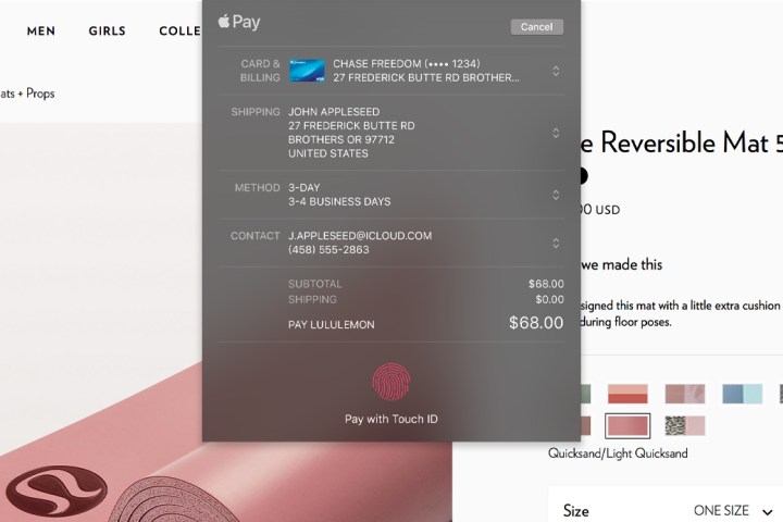 A macOS screen showing a purchase being carried out on a website. The user is being prompted to confirm their payment using their Mac