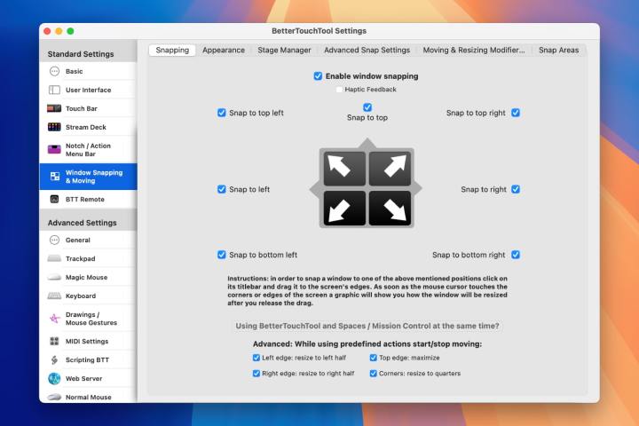 The settings page for the BetterTouchTool app, showing Window Snapping &amp; Moving options.