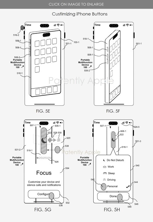 Screenshot showing image from patent application for multiple Action buttons on future iPhones. 