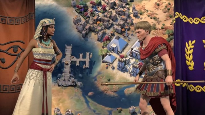 Two world leaders, Cleopatra and Caesar, going up against each other in front of their flags.