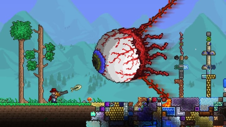 A giant eyeball boss in Terraria.