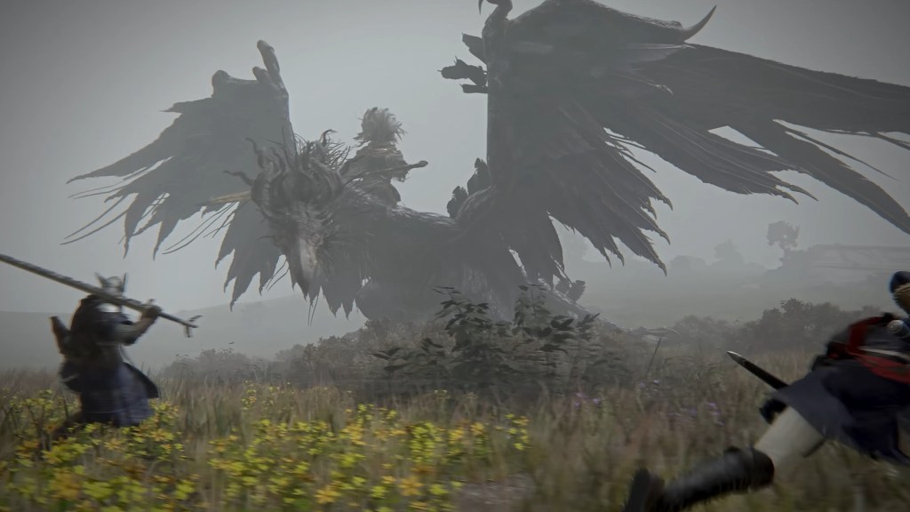 alt text: A shadowy figure resembling the Nameless King from Dark Souls 3 clashes with players in Elden Ring Nightreign