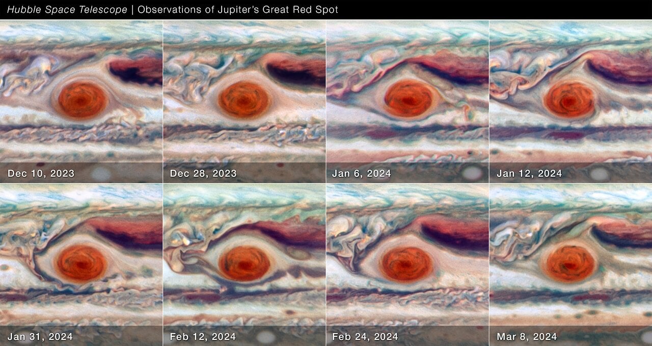 alt text describing the image of Jupiter's Great Red Spot with dates and credits