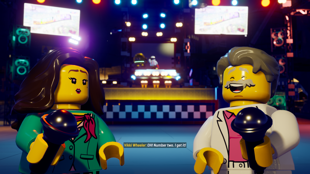 Two commentators in LEGO 2K Drive.