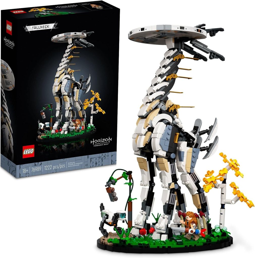 alt text: The LEGO Horizon Forbidden West Tallneck set, featuring the Tallneck, Aloy, and a Watcher