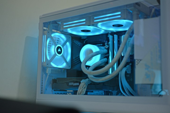 The Lian Li A3-mATX case with blue RGB lights.