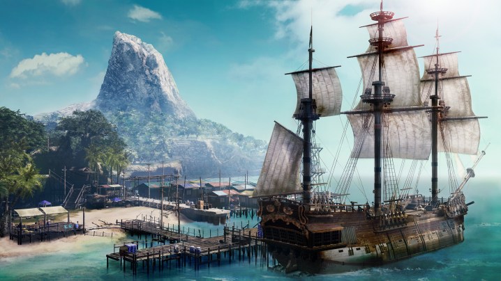 A pirate ship at port in Like a Dragon: Pirate Yakuza in Hawaii.