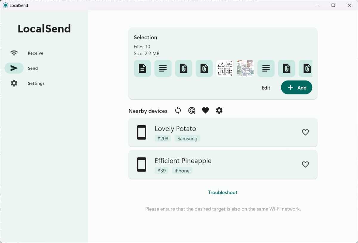 LocalSend interface showing nearby devices.