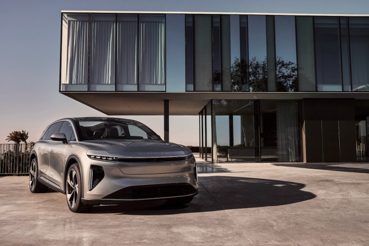 Front three quarter view of a Lucid Gravity electric SUV.