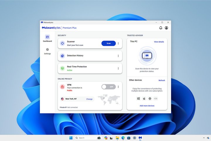 alt=The Malwarebytes dashboard displaying security status and recommendations.