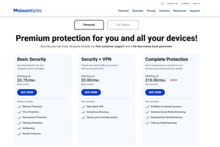 alt=Malwarebytes pricing chart showing three personal plans: Free, Premium, and Complete Protection.