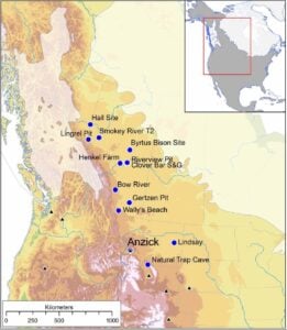 Map showing Clovis sites and glacial ice