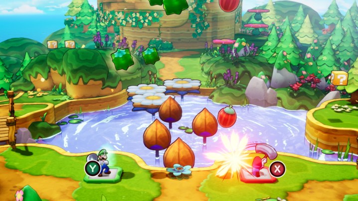 Mario and Luigi hit flower buds with hammers in Mario &amp; Luigi: Brothership.