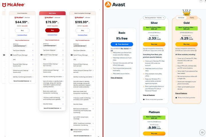 McAfee and Avast antivirus pricing appears in a split-view.