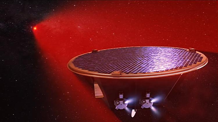 An artist’s concept of a LISA spacecraft receiving laser light from one of its partners.