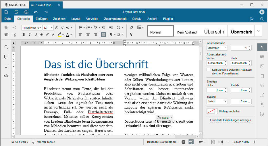 Importing different layouts usually works without any problems in the Only Office word processor. Columns and missing fonts sometimes slip out of place.